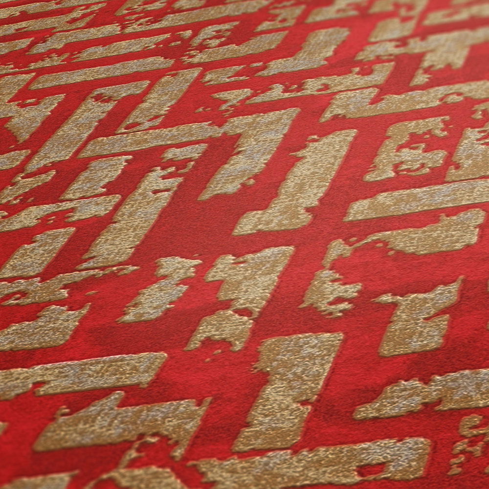             Tapete Rot-Gold mit Grafikmuster & Used Optik – Rot, Metallic
        