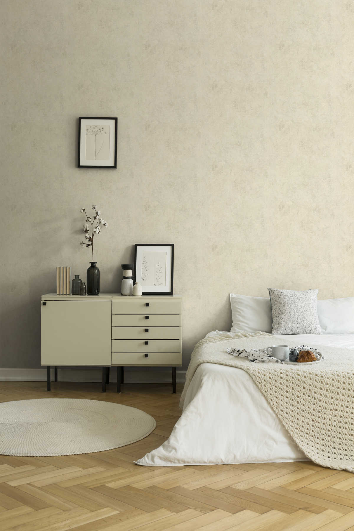             Tapete raue Struktur & Glanz-Effekt – Creme, Silber, Grau
        