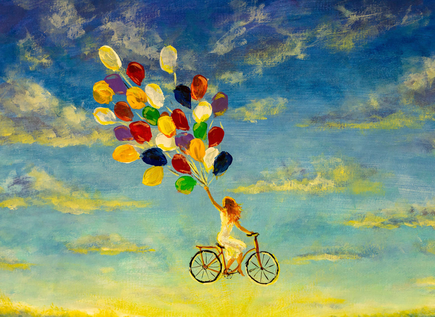 Gemälde,  Ballonstrauß,  Mädchen auf Fahrrad,  bunte Ballons,  Himmel Hintergrund