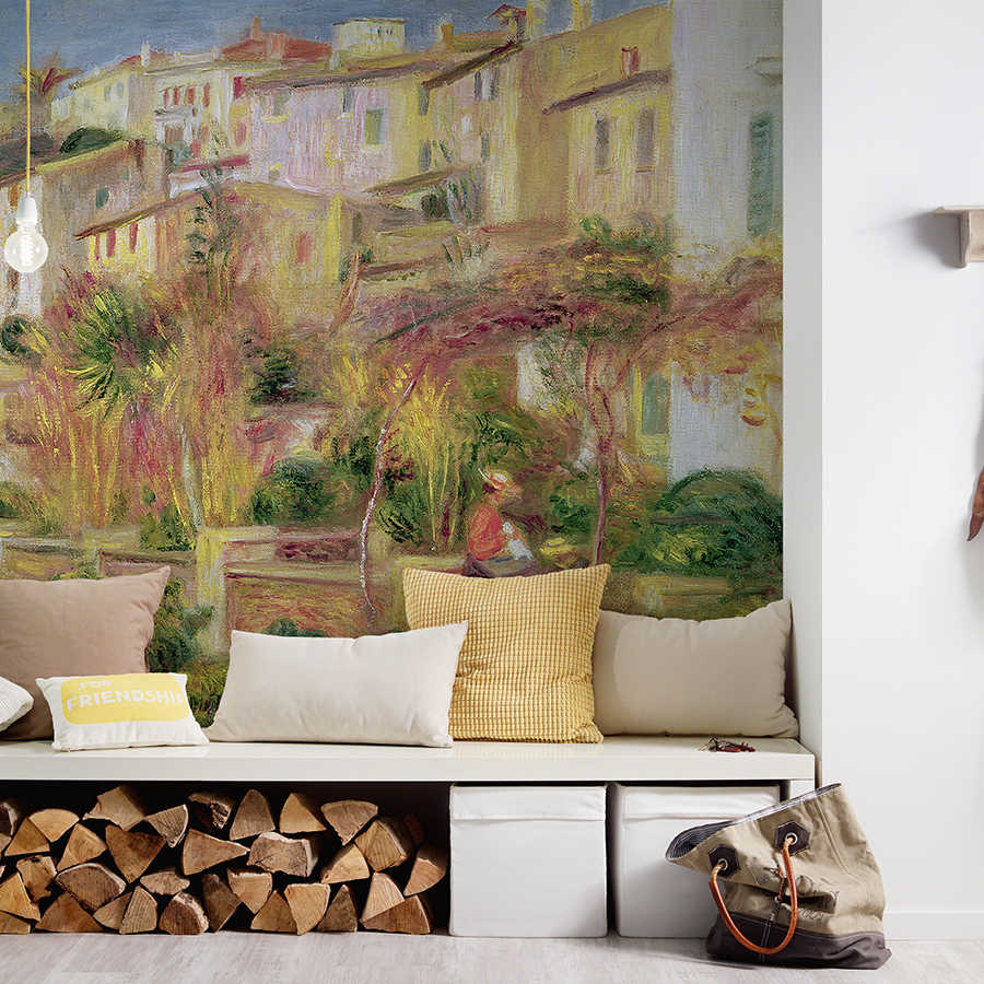 fresco mural, wohnzimmer wandbild, szene stadt, bunte farben, pflanzenlandschaft