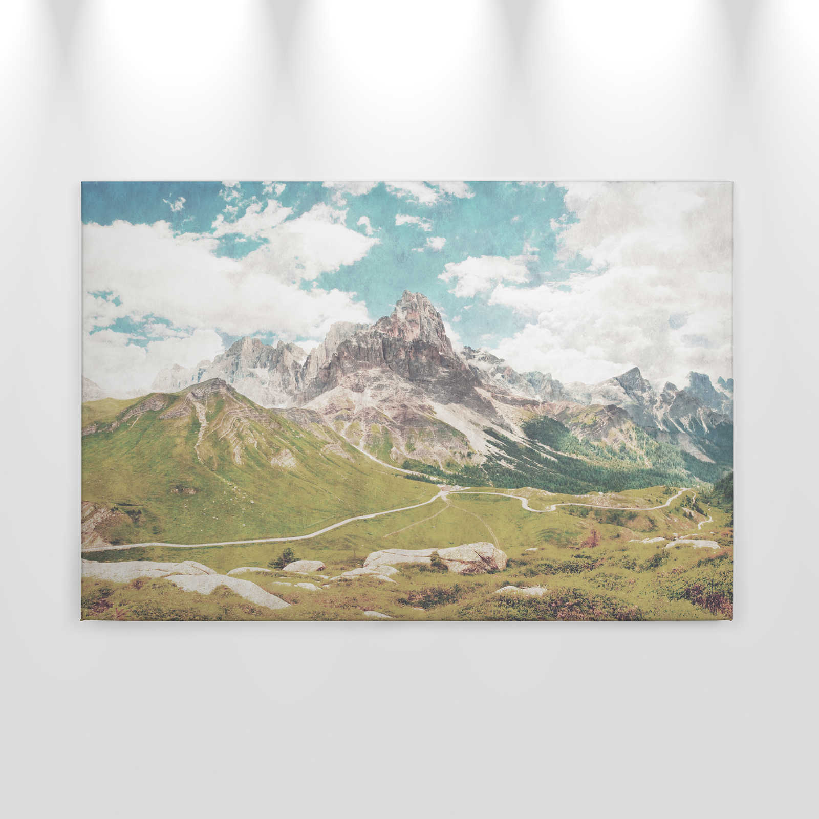             Dolomiti 2 - Leinwandbild Dolomiten Retro Fotografie in Löschpapier Struktur – 0,90 m x 0,60 m
        