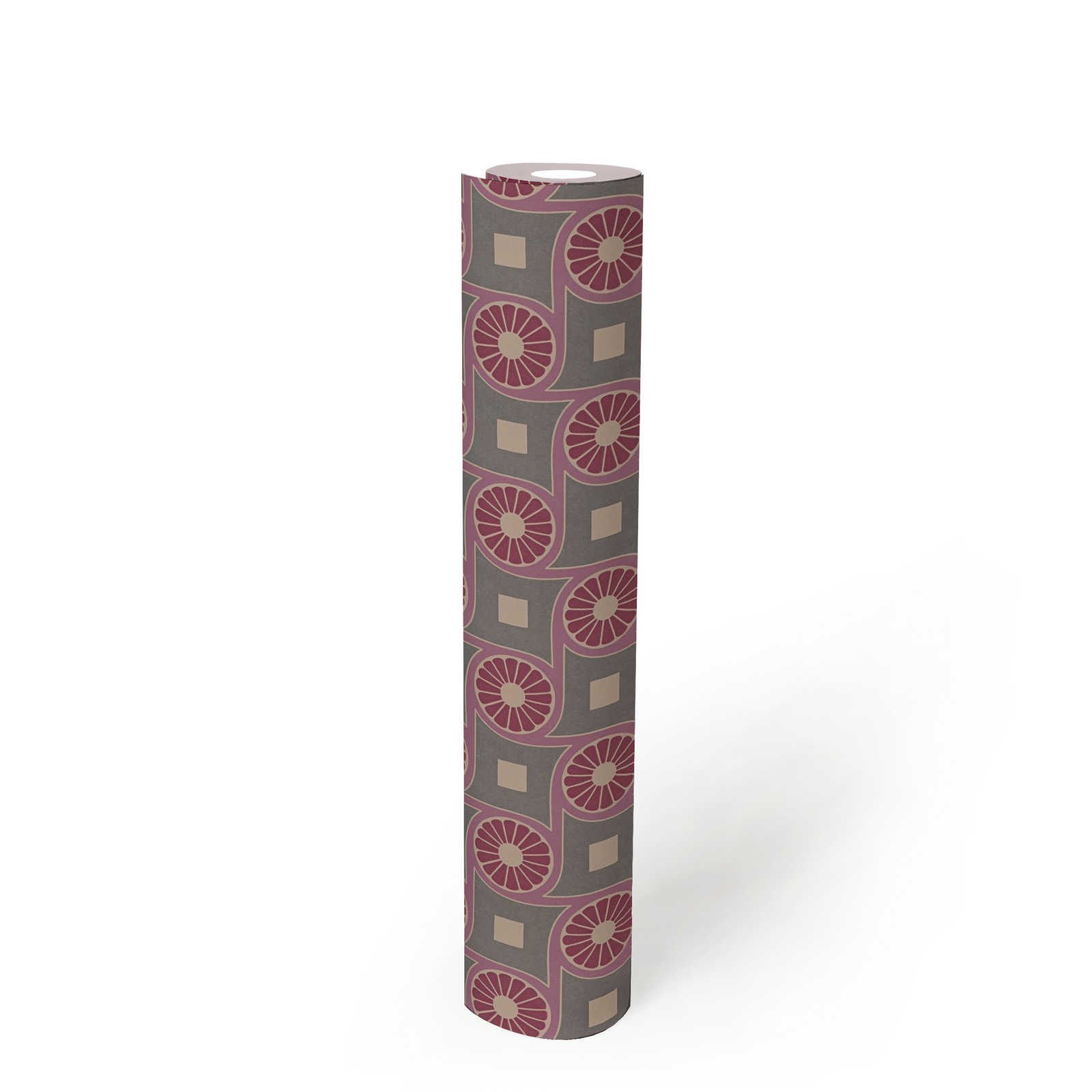 Retro Vliestapete mit Kreismuster und Quadraten – Lila, Rot, Beige