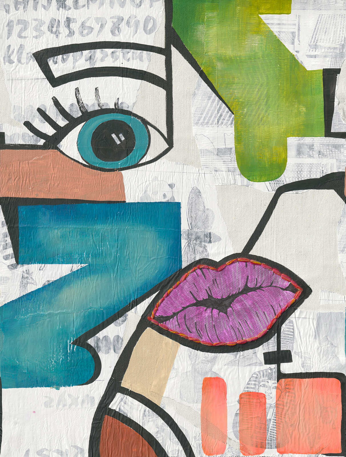abstract, collage, eye, lips, geometric shapes