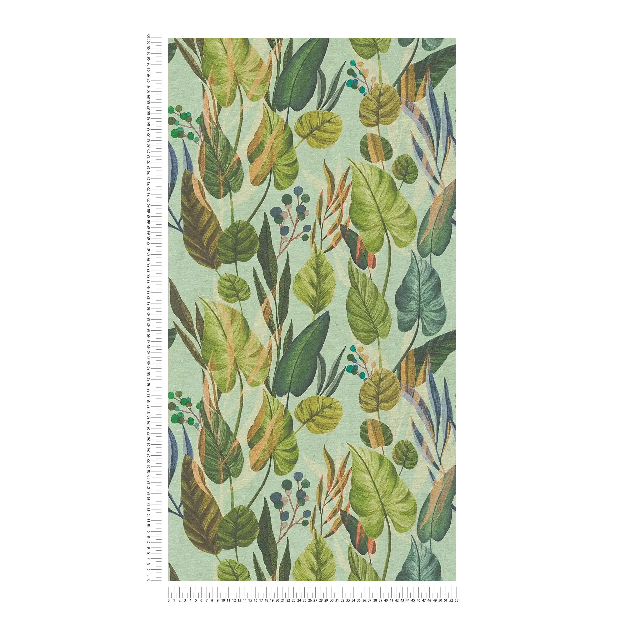             Wilde Vliestapete mit tropischem Blättermuster, einfach strukturiert – Grün, Blau
        