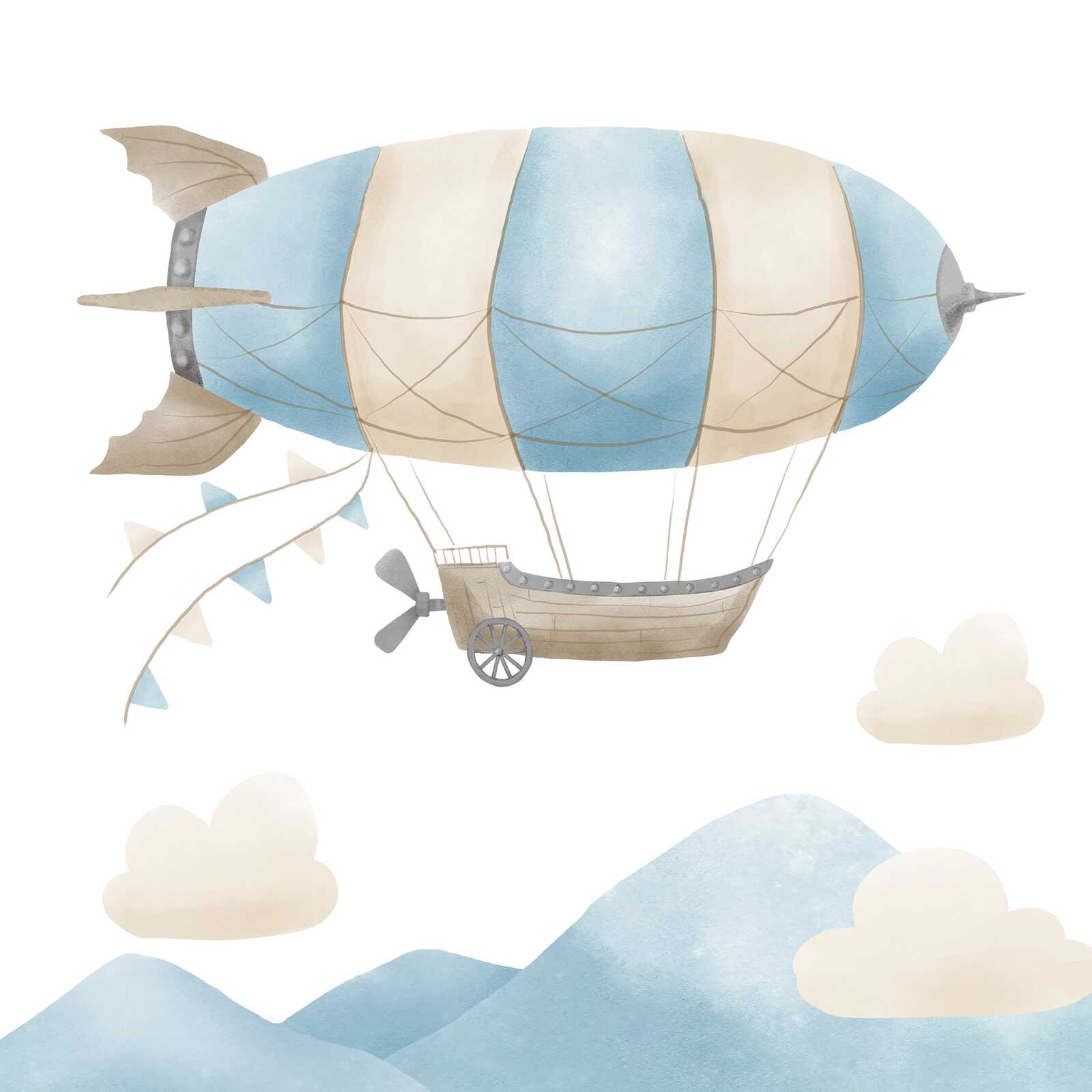 Leinwandbild Luftschiff über den Bergen - Sanfte Himmelslandschaft für stilvolle Wanddekorationen im Kinderzimmer – 30 x 30 cm - Beige, Blau
