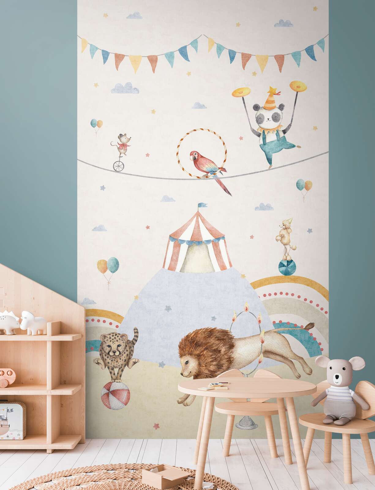             Zirkuszauber non-woven wallpaper panel 159cm wide x 280cm high - Cheerful animals and colourful accents for an imaginative children's room, smooth surface - Colourful
        