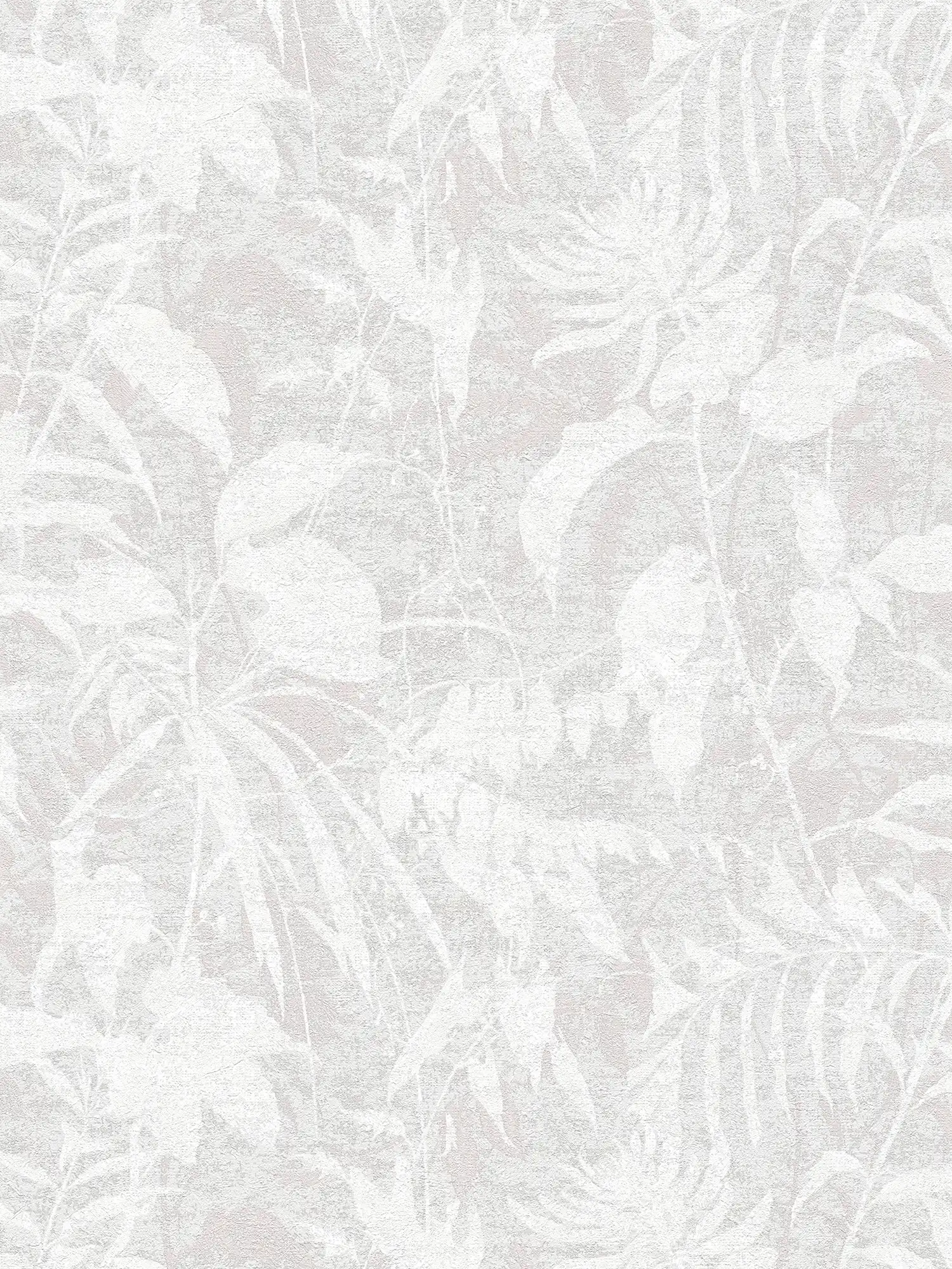         Natürliche Vliestapete mit floralem Blättermuster und leichter Oberflächenstruktur – Weiß, Grau, Metallic
    