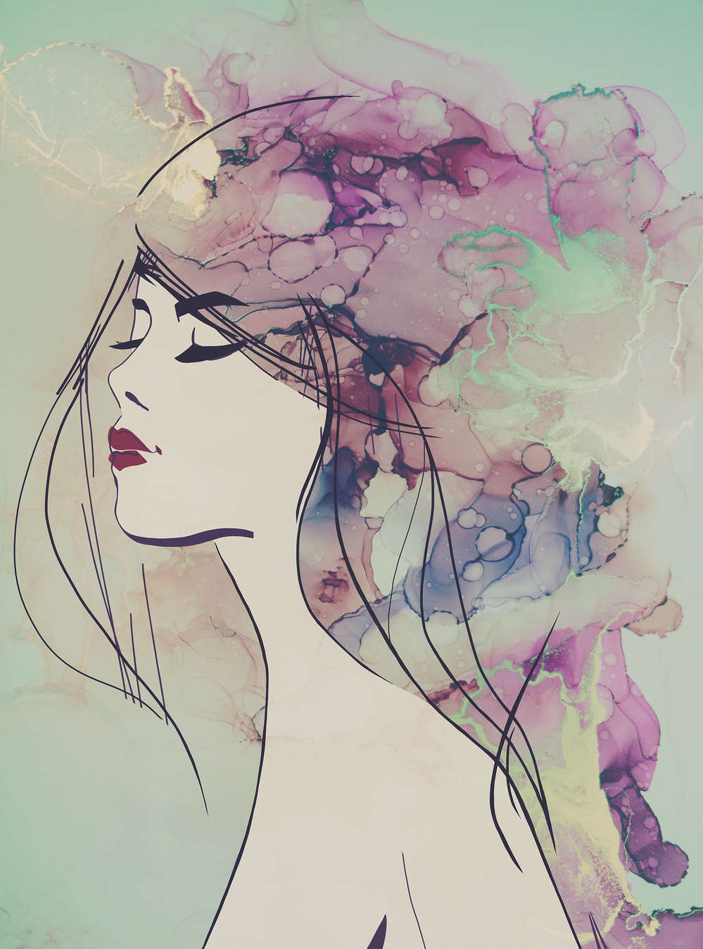             Acryl Design Fototapete Frauengesicht in Türkis & Violett
        