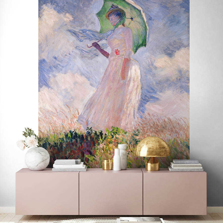 Wandbild, Frau mit Regenschirm, Pastellkleid, Impressionistische Kunst, Blumenfeld