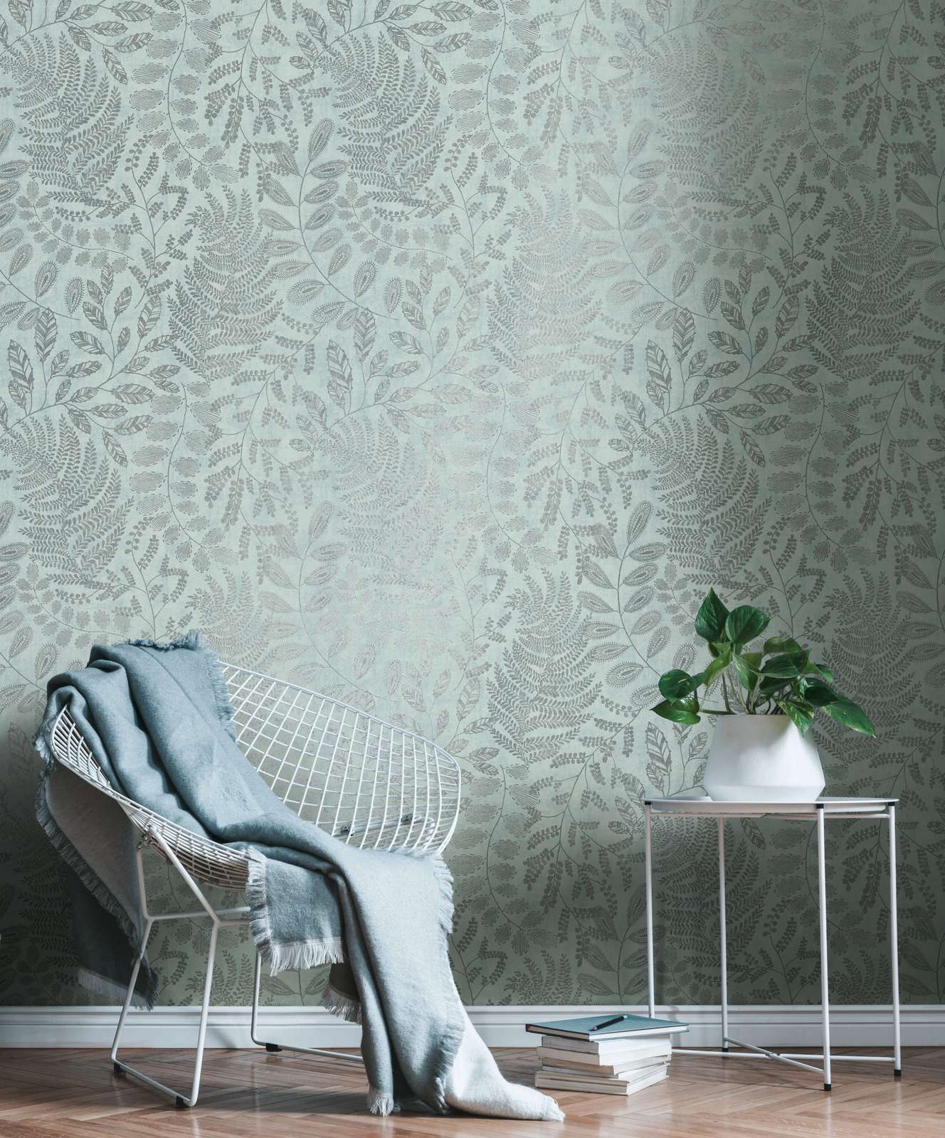             Skandi Tapete mit Blättermuster in Metallic – Blau, Grün
        