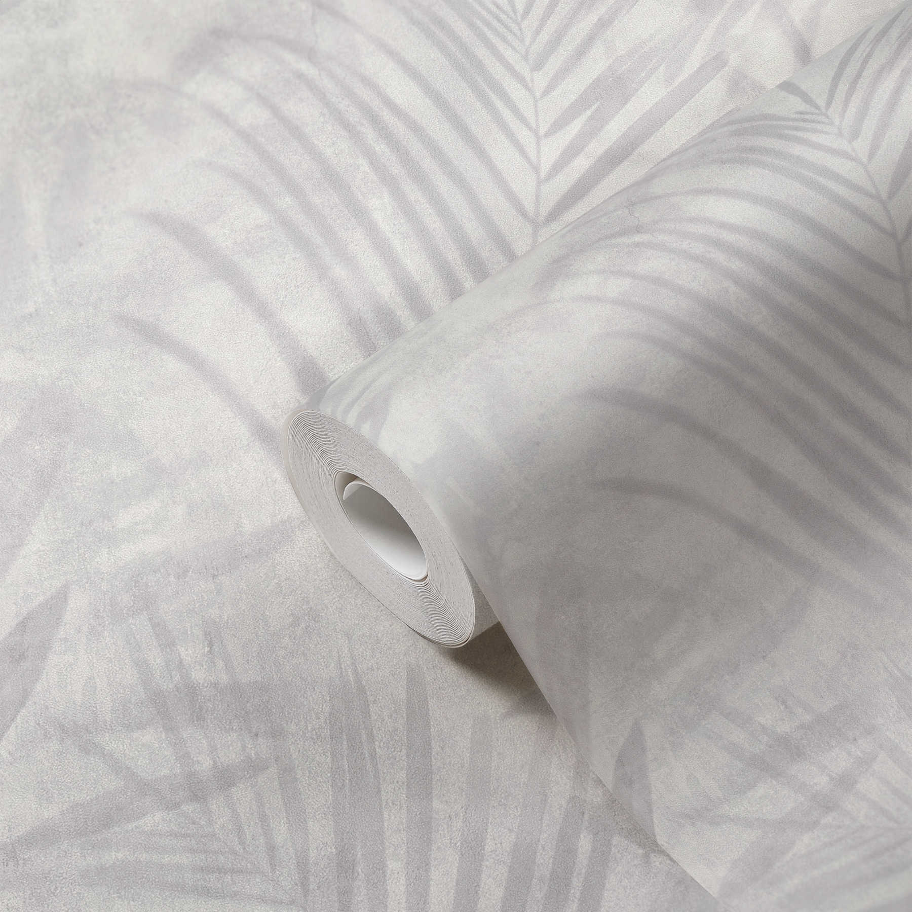             Tapete Palmenmuster in Leinenoptik – Grau, Weiß, Creme
        