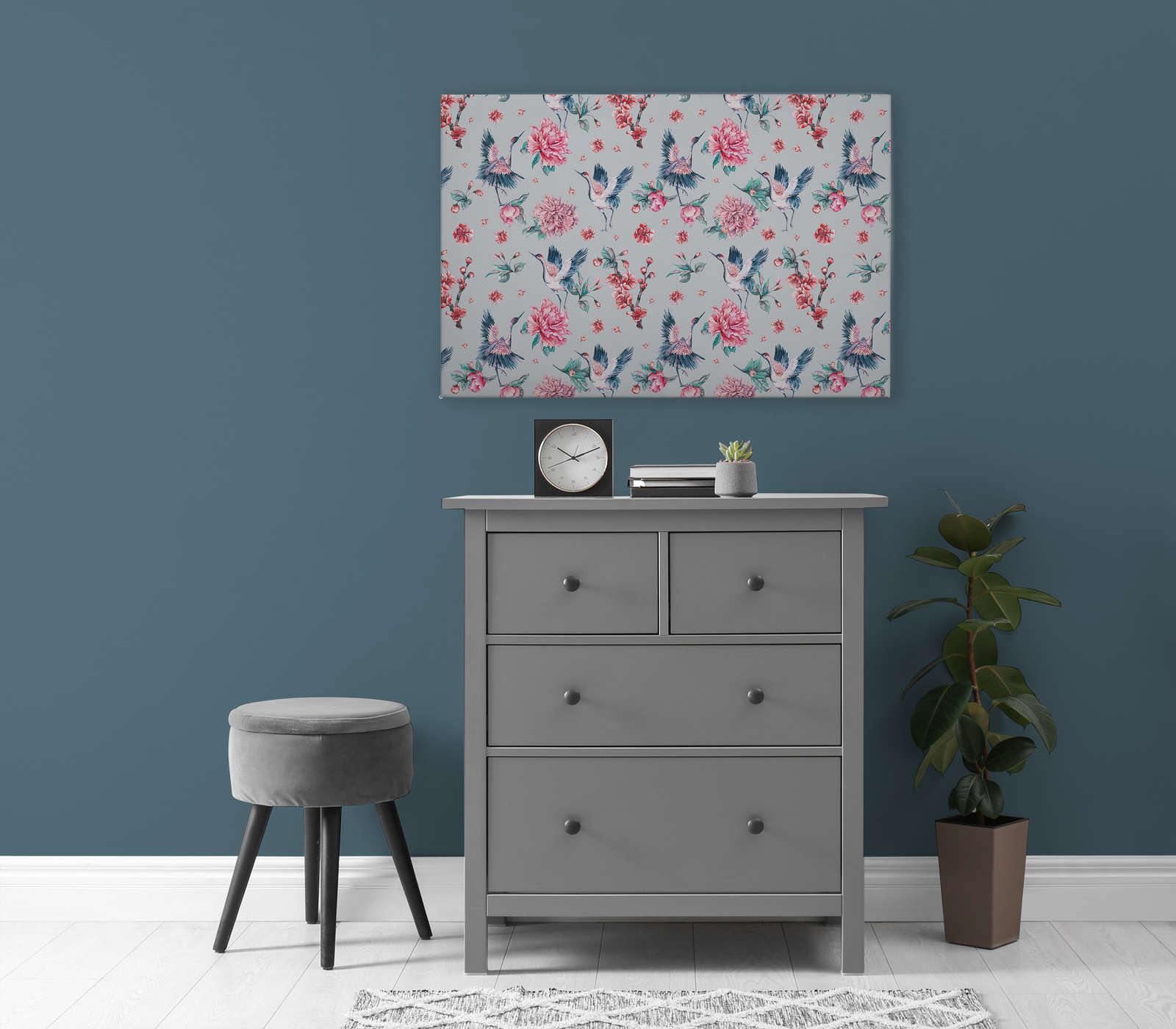             Leinwandbild florales Muster mit Vögeln und Blättern – 0,90 m x 0,60 m
        