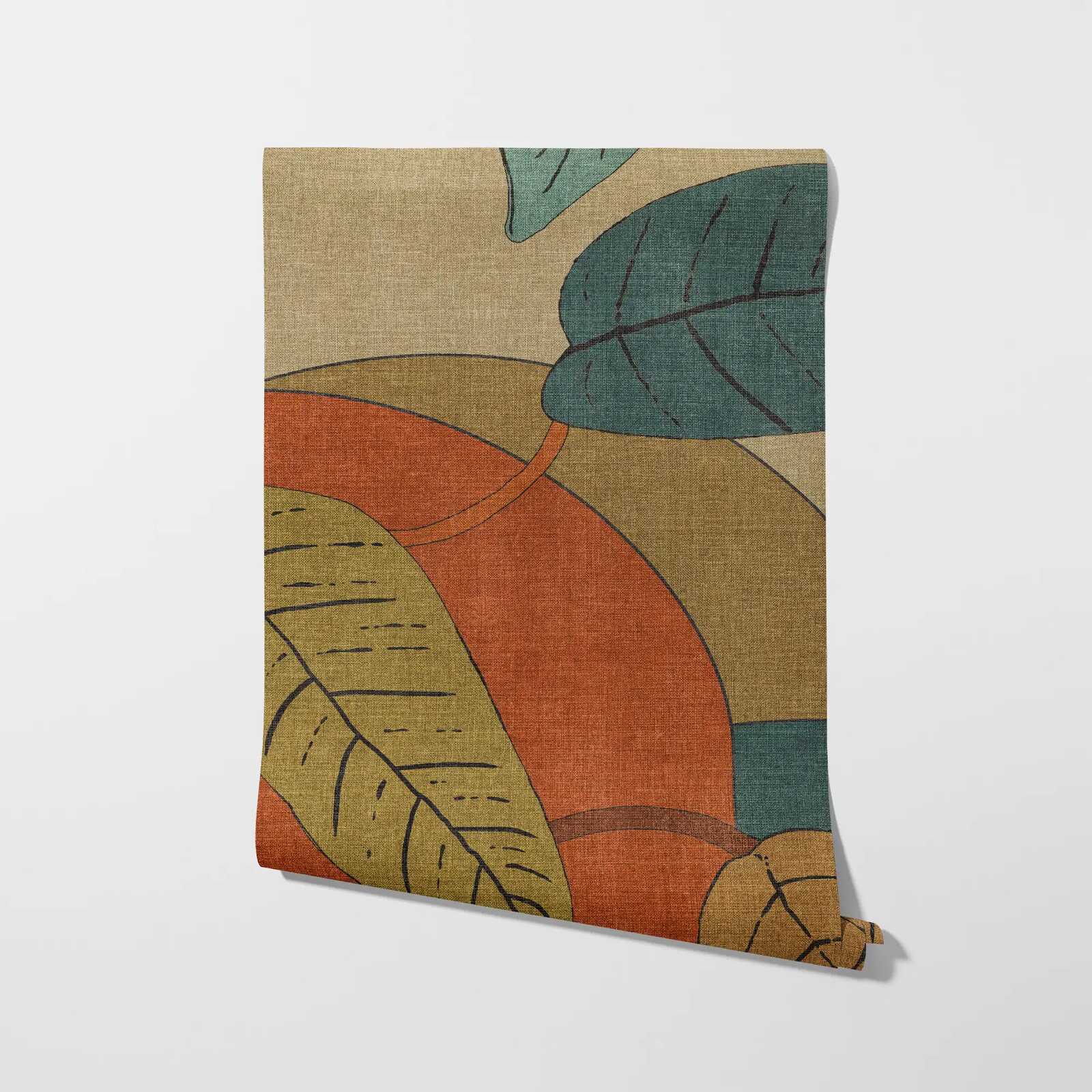             Abstrakte Vliestapete mit Blättern und grafischen Mustern – Beige, Blau, Rot
        