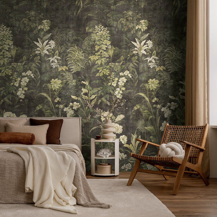 tapis mural, patterne végétal, plantes vertes, feuillage, décoration chambre