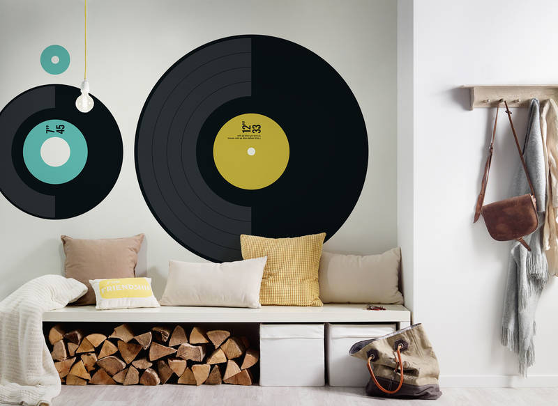vinyl Wandkunst, Schallplatten-Wandclock, Dekor Kreis Muster, schwarz gelbe Kreise, Holzaufbewahrung