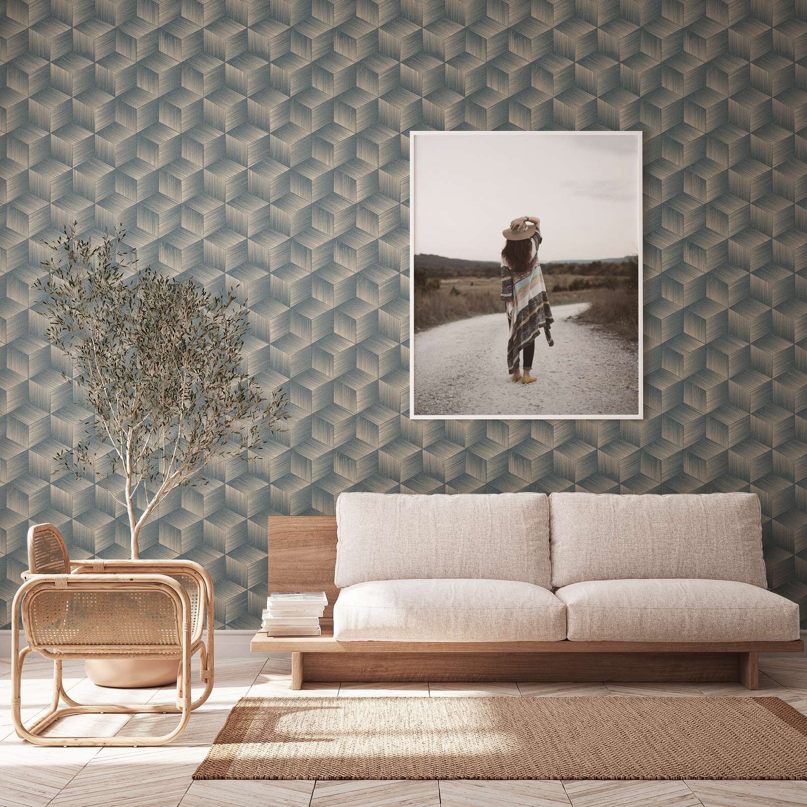 Wohnzimmer, Sofa, Wandtapete, Bildrahmen, Pflanze