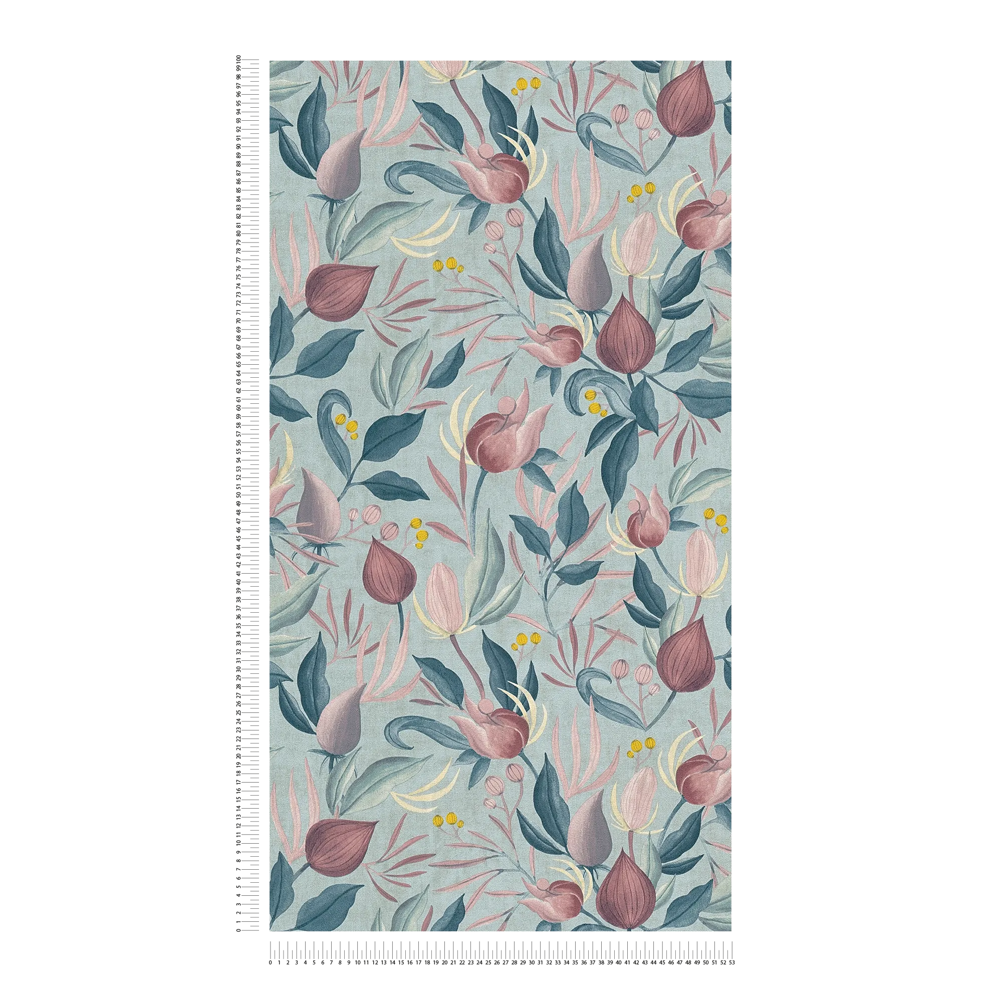 COSMOLiving - Traumhafte Botanik-Tapete in Pastell mit exotischen Blüten auf sanftem Blau – Blau, Rosa, Pink