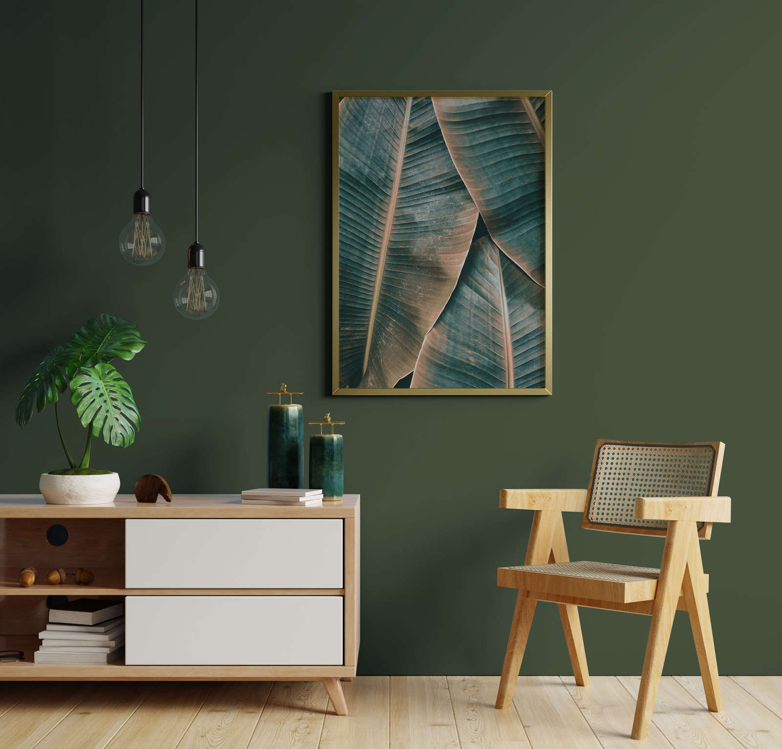 kunstpflanze, monstera, stativer, poster, wanddeko