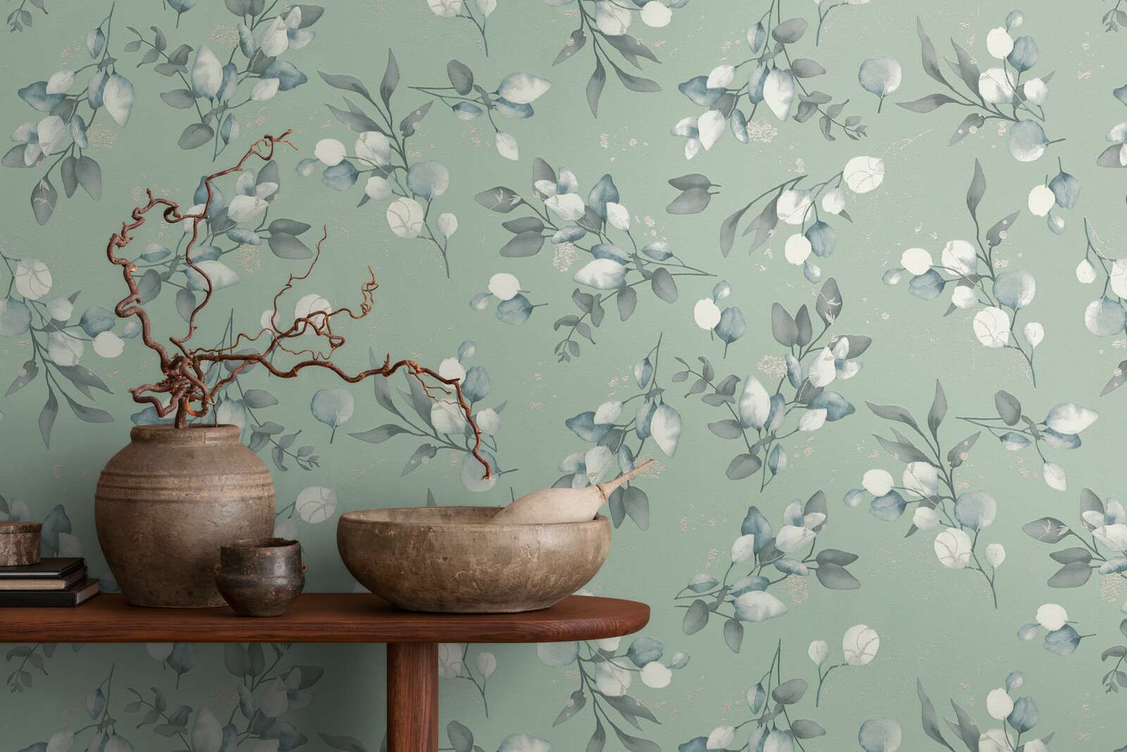 Glad vliesbehang met een elegant bloemendessin - groen, grijs, blauw