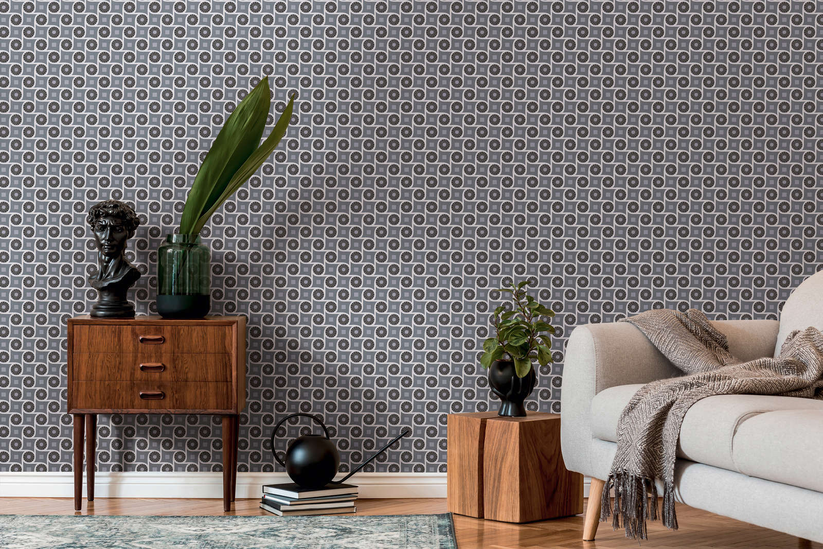            Tapete im Retrostil mit Kreismuster und Quadraten – Grau, Weiß, Schwarz
        