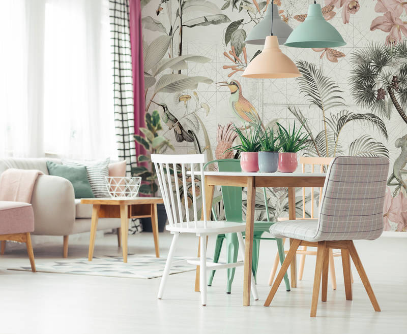             Fototapete Dschungel Collage mit Tropen Blumen & Vögeln
        