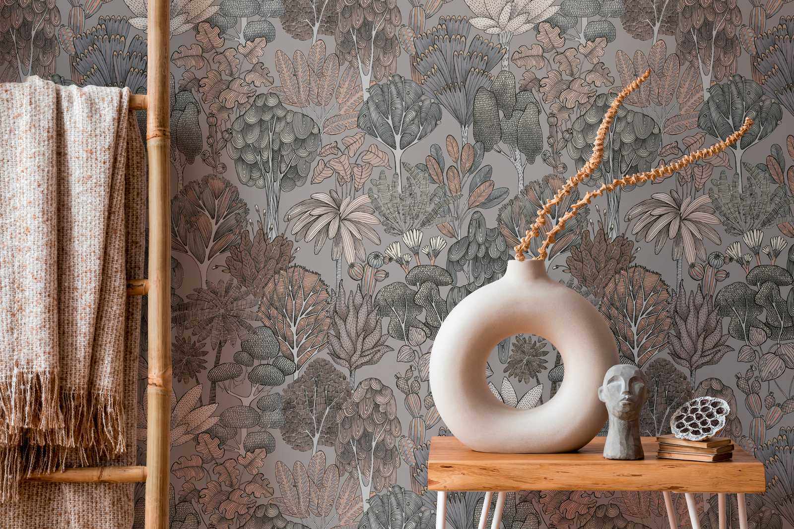 Tapete Grau Beige mit floralem Muster im Doodle Look – Grau, Beige, Orange