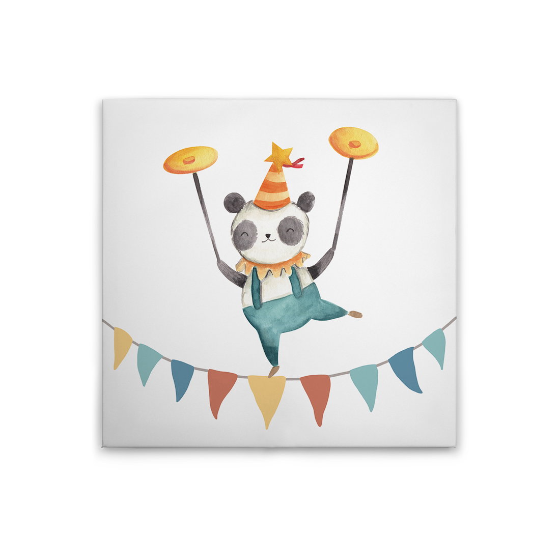             Leinwandbild Balancierender Panda - Lustiges Zirkus-Motiv für Kinderzimmerdekoration – 30 x 30 cm - Bunt, Blau
        