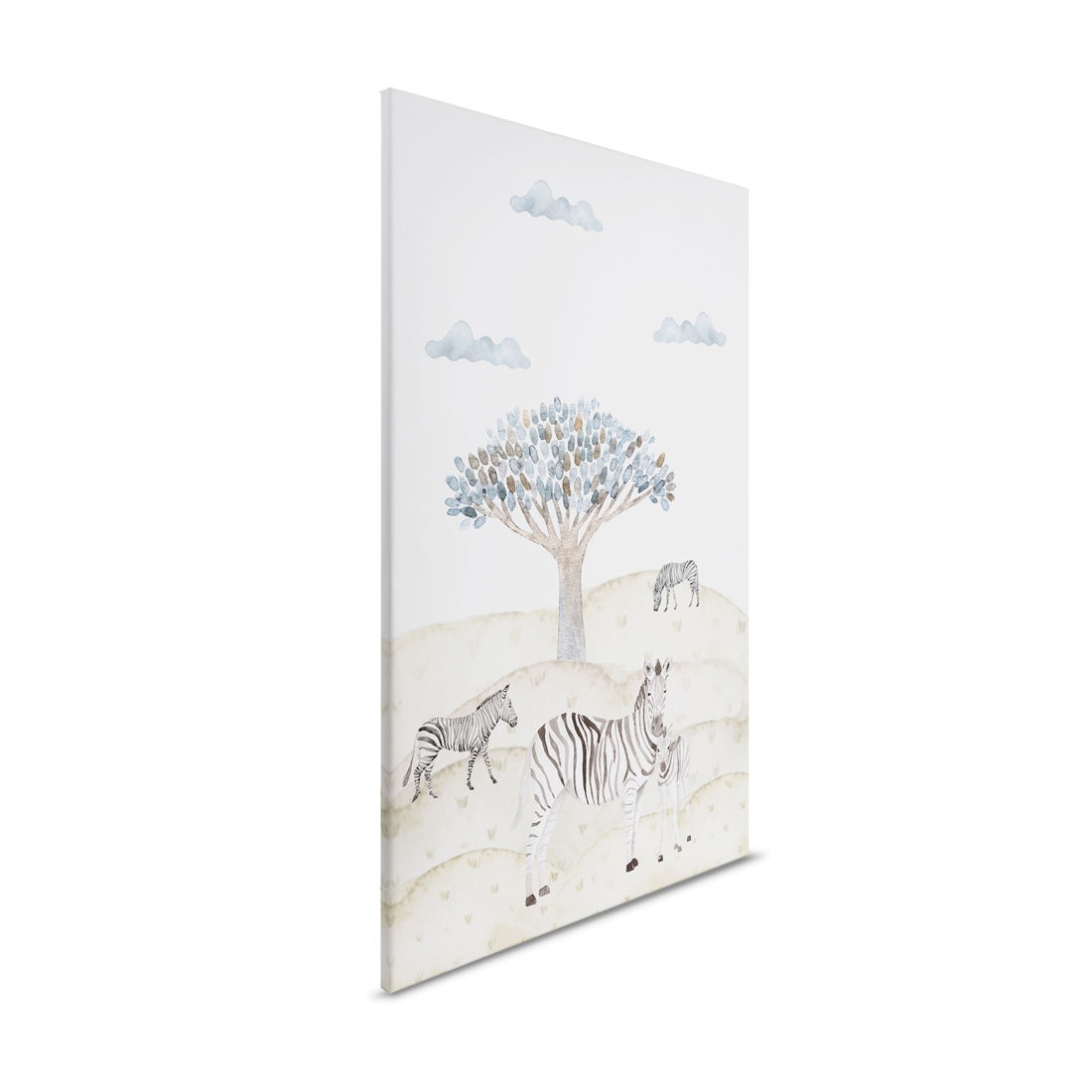         Kinderzimmer Leinwandbild Zebras unter dem Baobab - Charmantes Afrika-Motiv für stilvolle Wände – 30 x 40 cm - Beige, Blau
    