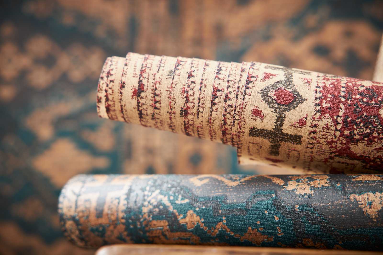             Papier peint intissé éléments de design orientaux - bleu, vert, noir
        