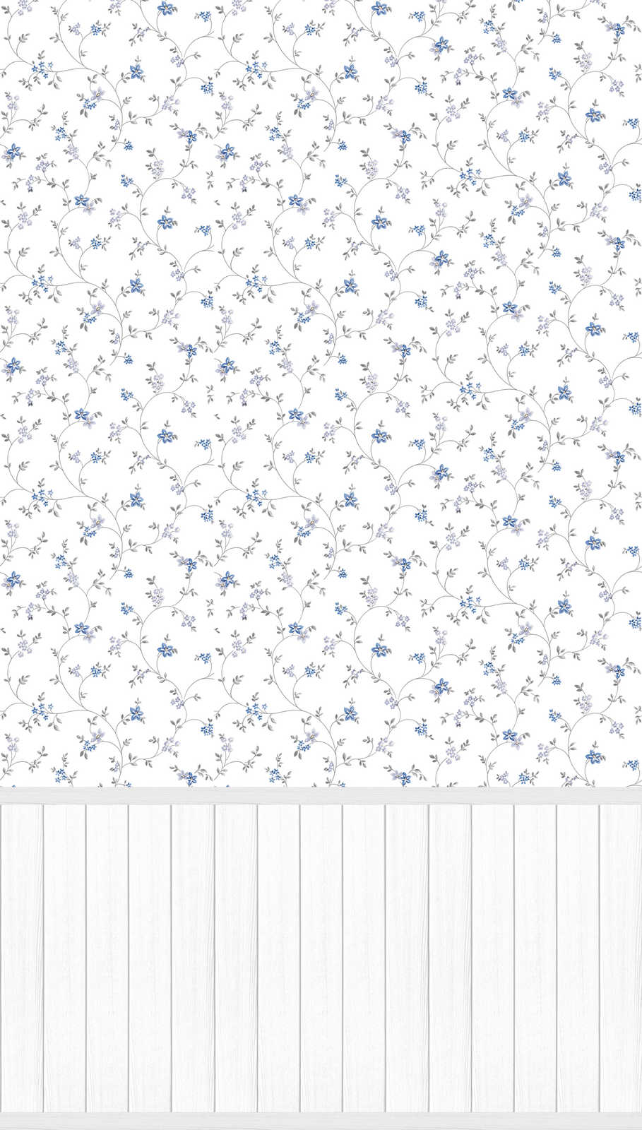            Vlies-Motivtapete mit Holz-Optik-Sockelborte und Blümchenmuster – Weiß, Grau, Blau
        