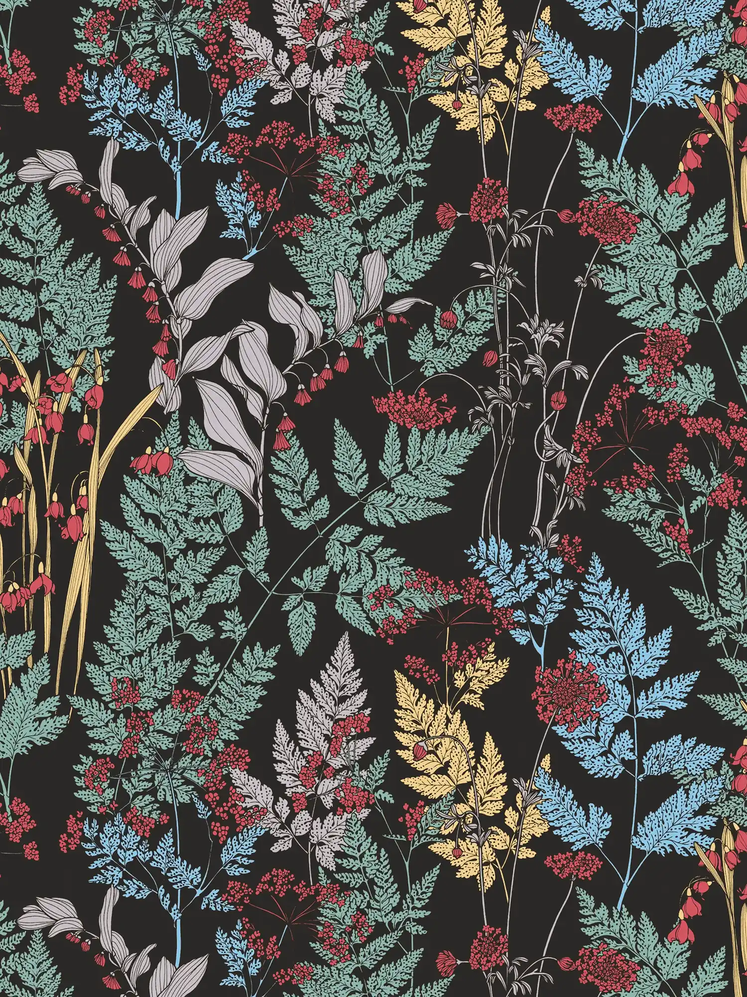 Vliestapete Blumen & Blätter Motiv im Zeichenstil – Schwarz, Grün, Gelb