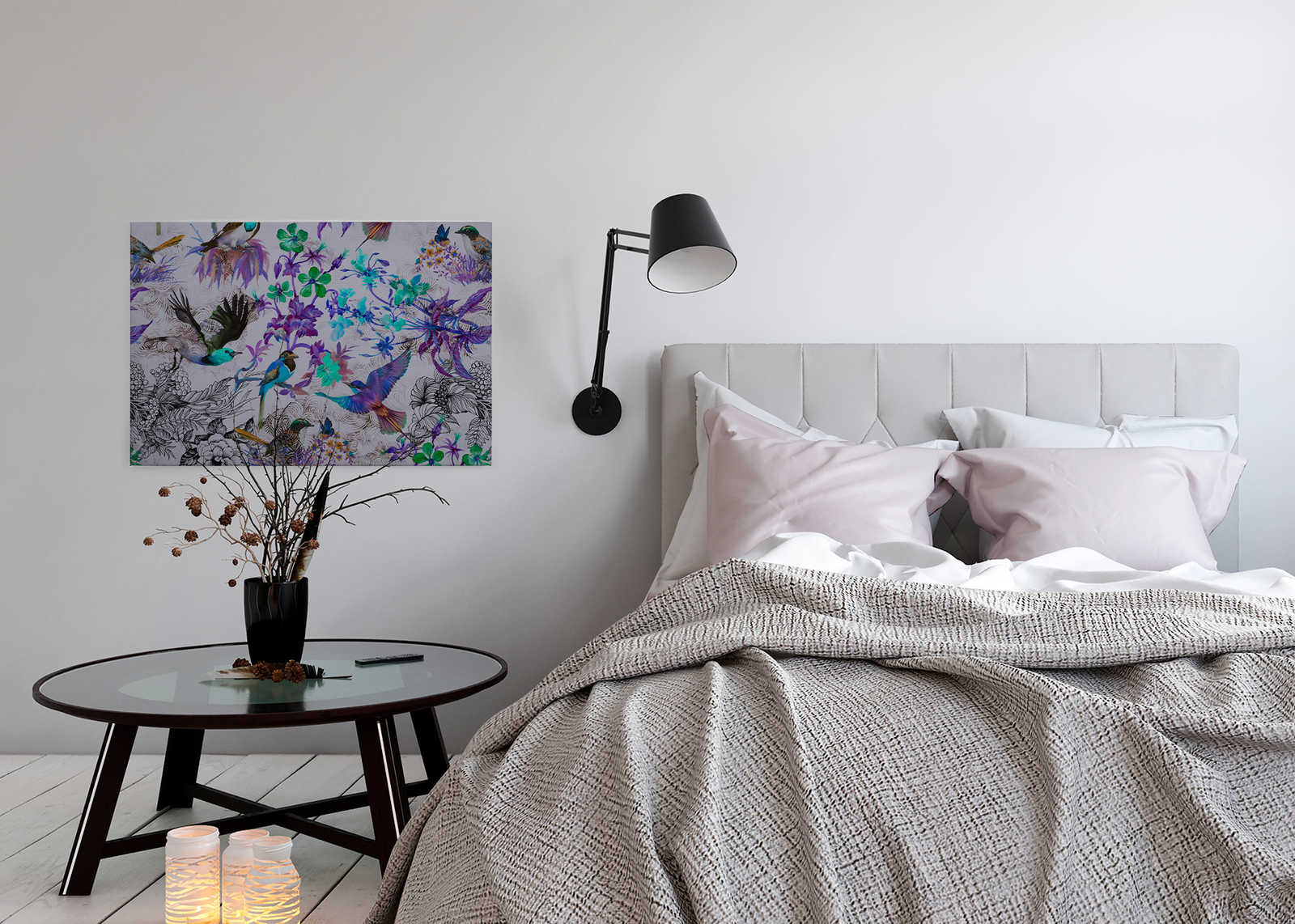             Violettes Leinwandbild mit Blumen & Vögeln – 0,90 m x 0,60 m
        