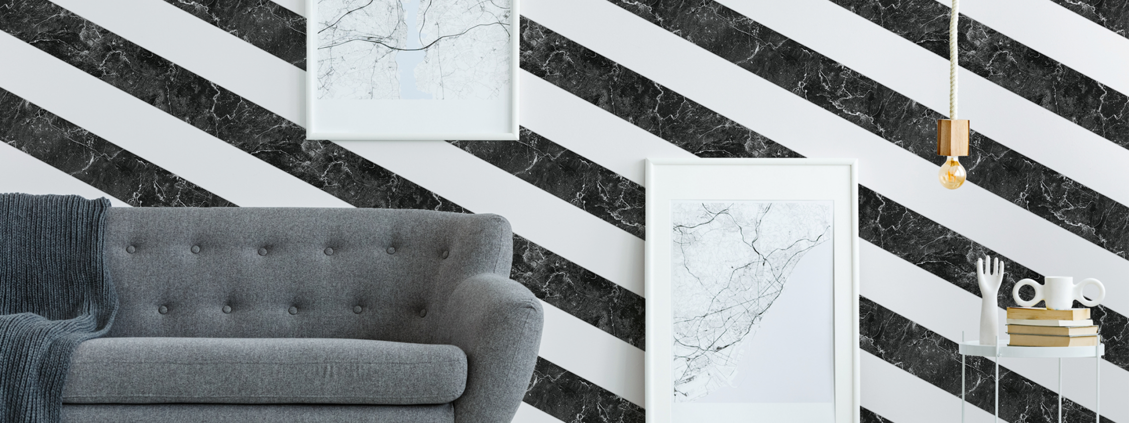 Modern living room with striped marble wallpaper AS379921