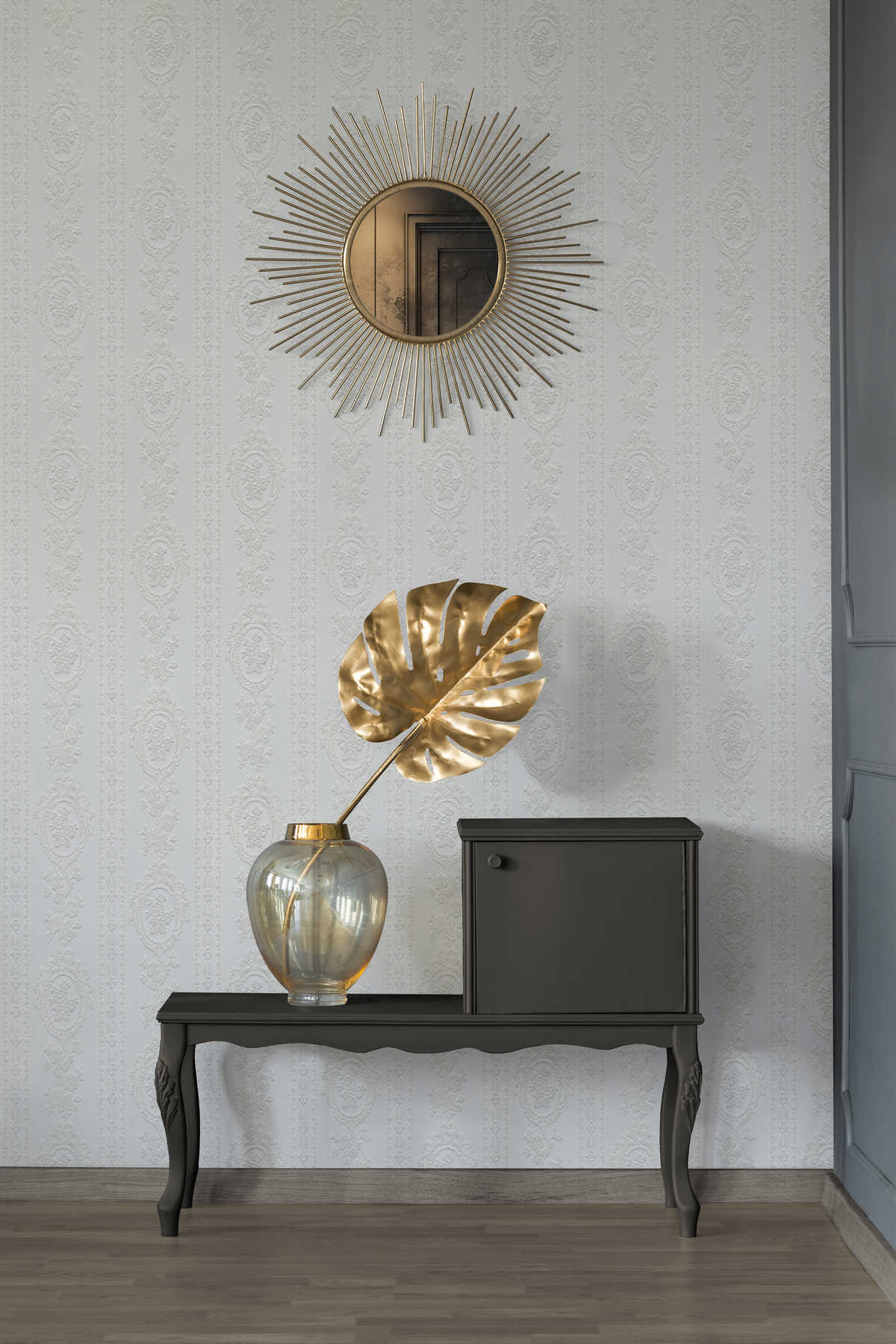 Ornamenttapete florale Elemente, Streifen und Blumen – Weiß