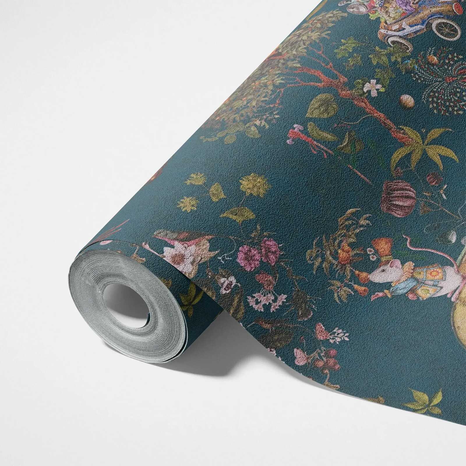             Märchenhafte Kinderzimmer Vliestapete mit Waldtieren – Blau, Gelb, Grün
        