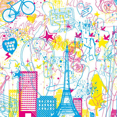 eckiger stadszenen, Fahrrad, Eiffelturm, heller farbenmix, linienkunst