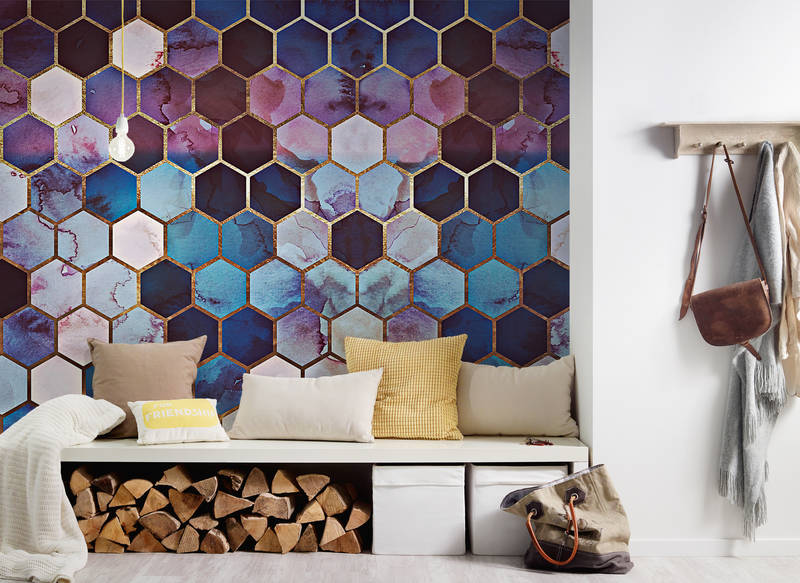 Hexagonfliesen,  Wandverkleidung,  bunte Fliesen,  Wohnzimmer,  Holzlagerung