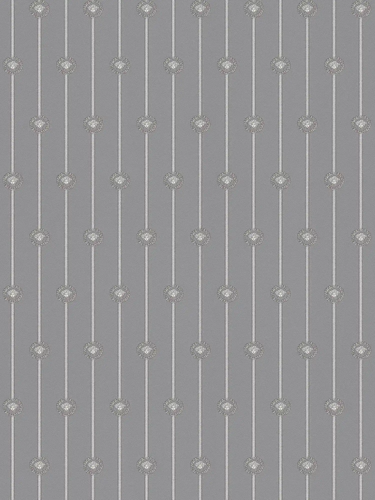 VERSACE non-woven wallpaper with decorative medallion motifs in a striped look slightly shiny slightly textured - grey, silver, metallic