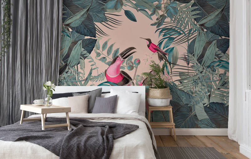 tropischeTapete, Kolibri-Wandbild, rosa Vogel, Schlafzimmer-Dekor, Pflanzenmotiv