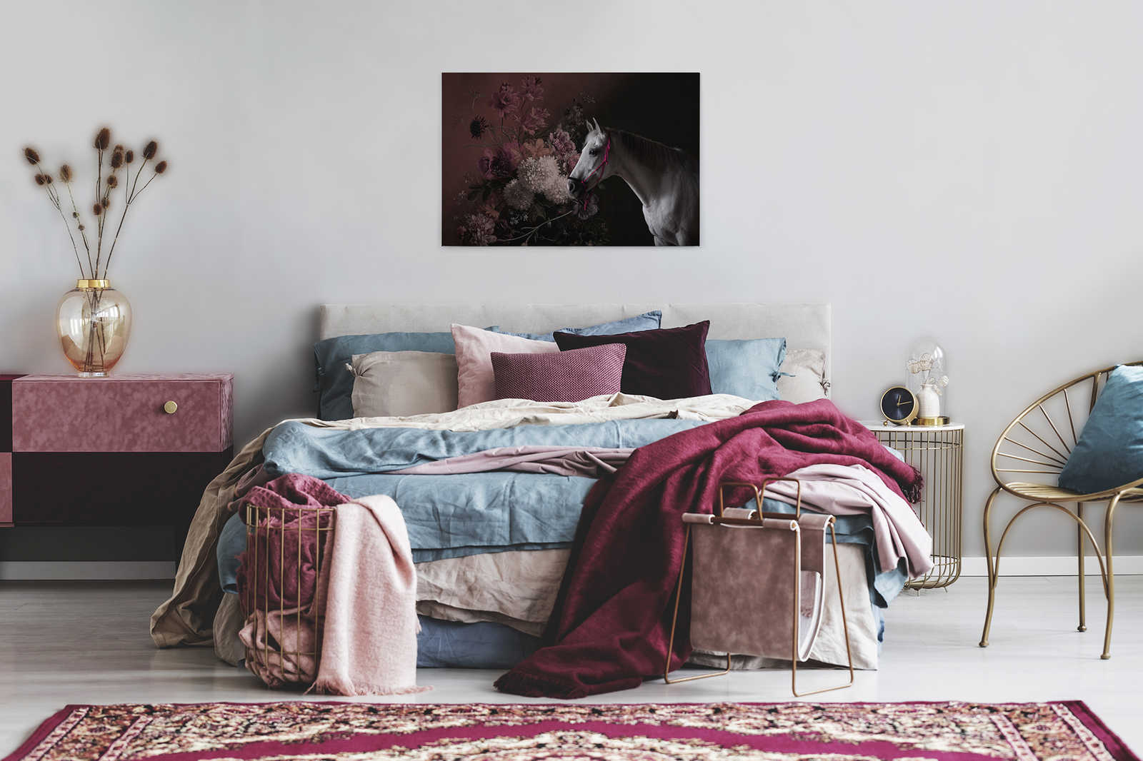             Leinwandbild Pferde Portrait mit Blumen – 0,90 m x 0,60 m
        