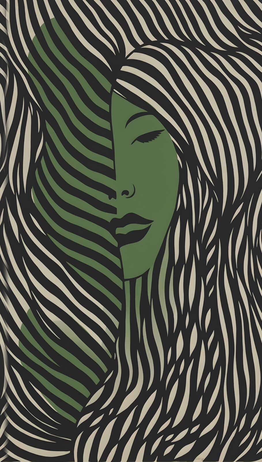             Glattes Vliestapeten Panel "Mystic Portrait" 159cm Breite x 280cm Höhe - Künstlerisches Frauenportrait mit Liniendesign – Bunt
        