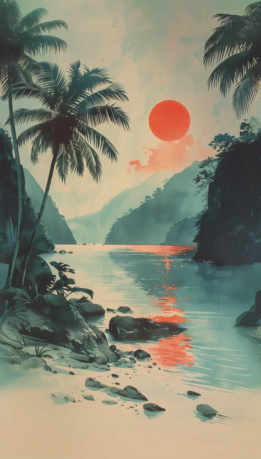 Vliestapeten Panel 'Tropical Sunset' 159cm Breite x 280cm Höhe - Malerischer Sonnenuntergang am Wasser mit Palmen – Bunt