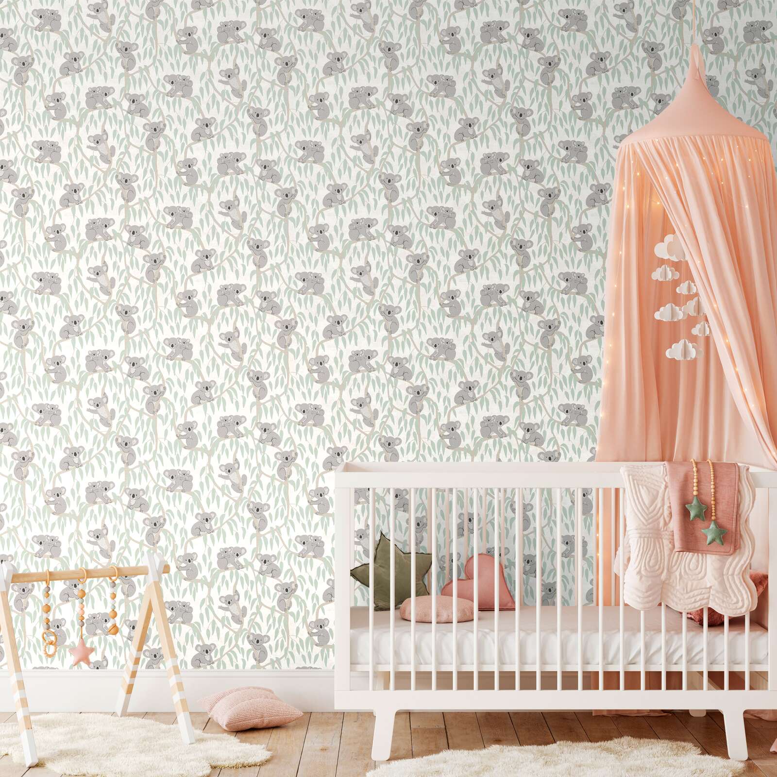             Dschungel Kinderzimmer Vliestapete mit Koala-Motiven – Verspielte Tierwelt für ein gemütliches Kinderzimmer – Beige, Creme, Grün
        