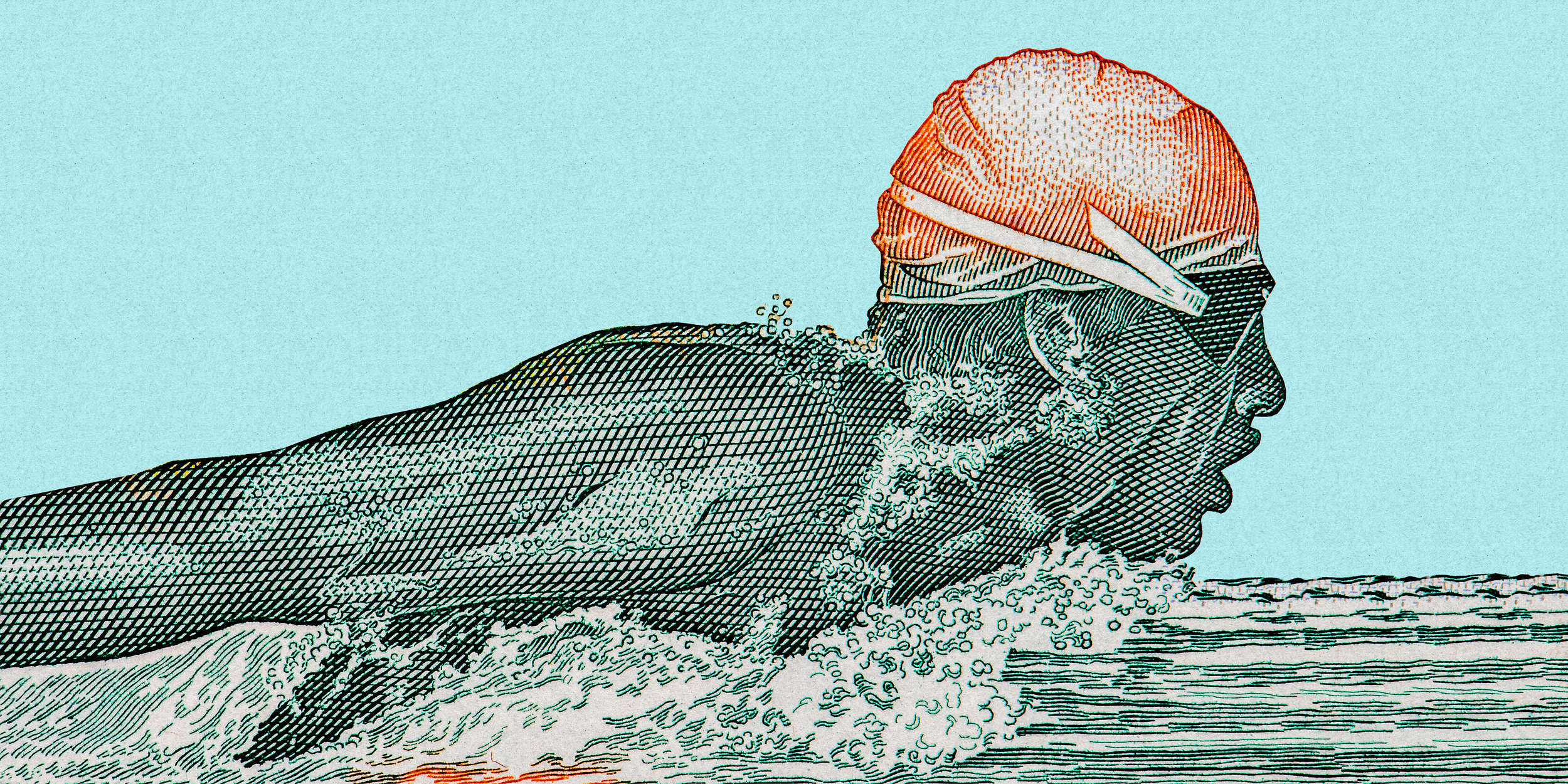             Fototapete »aquaman« - Schwimmer im Pixel Design – petrol mit Kraftpapier-Struktur | Glattes, leicht glänzendes Premiumvlies
        