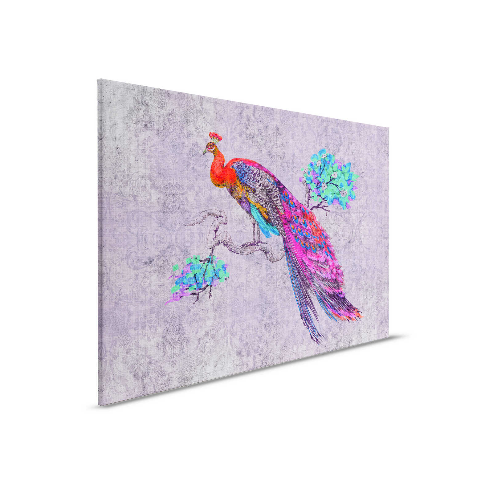 Peacock 3 - Canvas painting with colourful peacock - natural linen structure - 0.90 m x 0.60 m