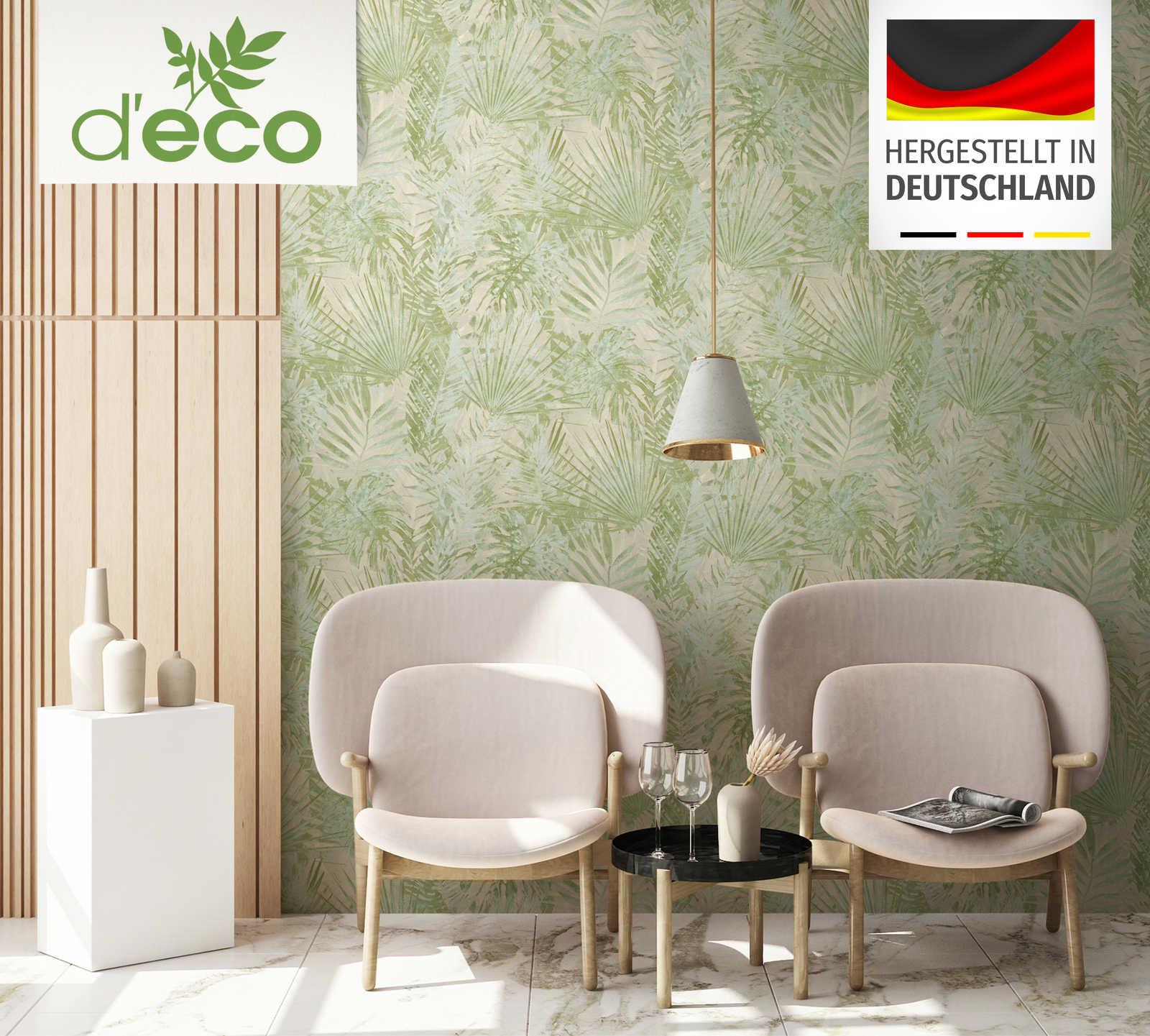             Vliesbehang met jungle bladeren PVC-vrij - groen, beige
        