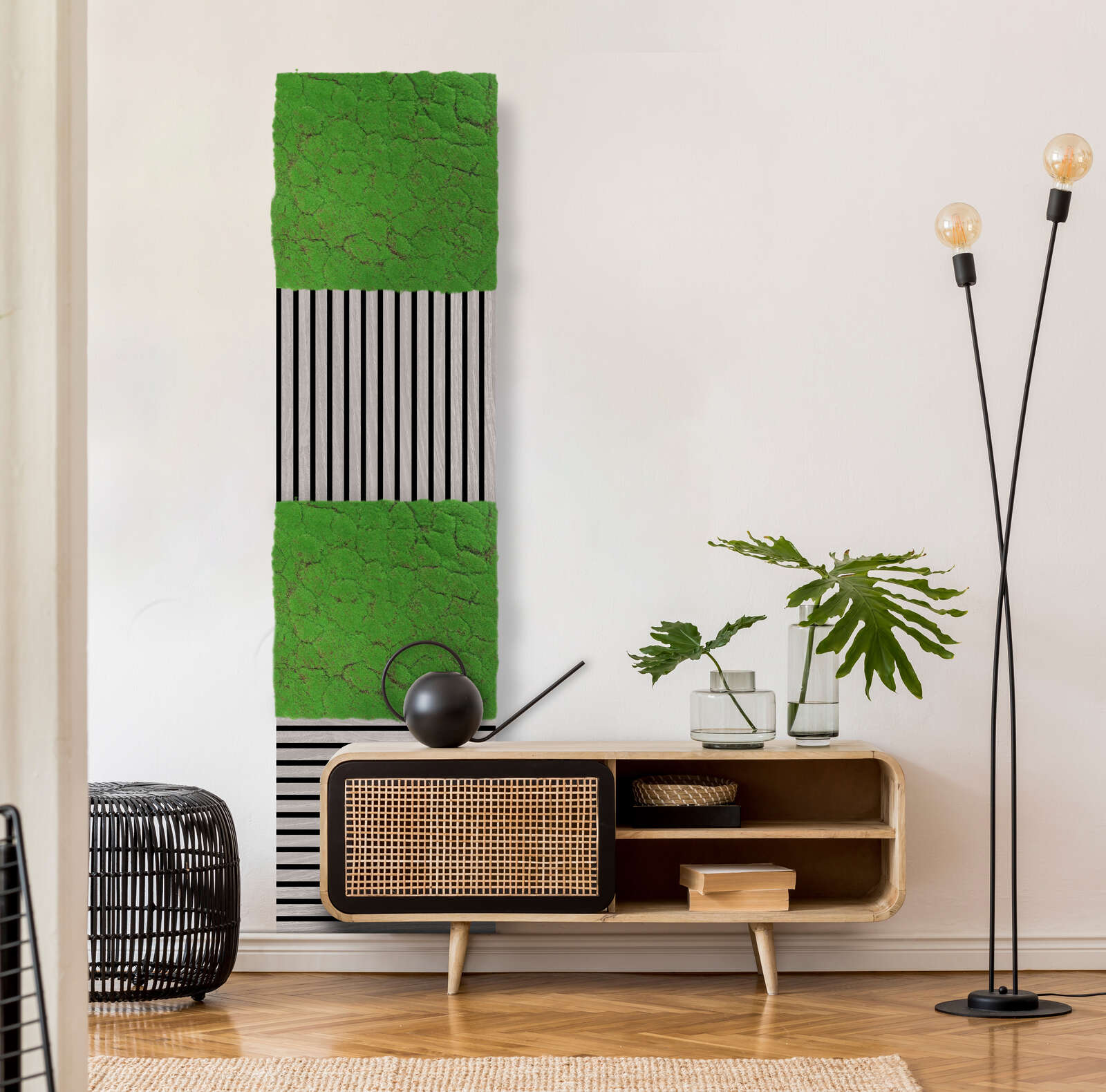 wohnzimmer-deko, raumschmuck, paneel-aktuelles-design, grün-schwarz, holzsideboard
