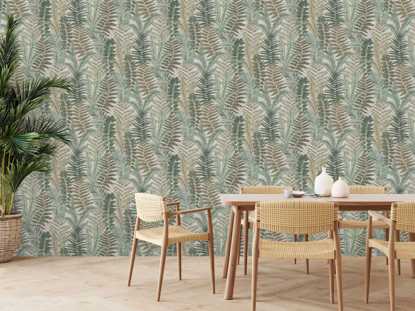 Tapete floral mit Farnblättern leicht strukturiert, matt – Beige, Grün, Braun