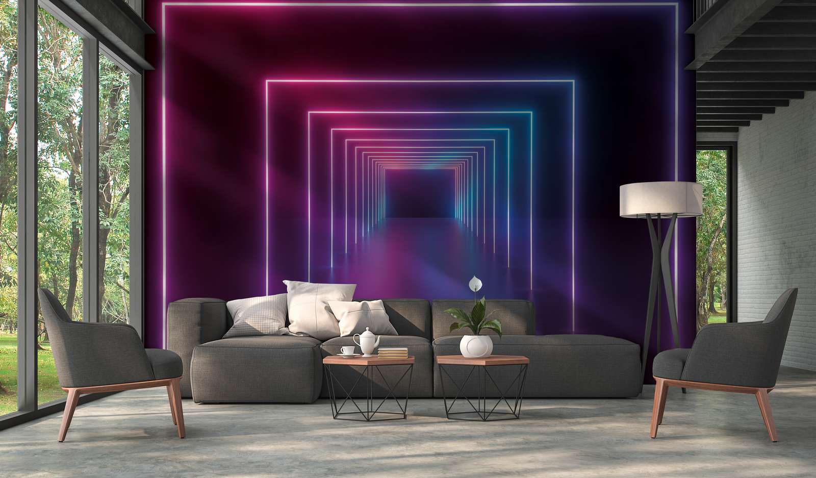 Wohnzimmer, Sofa, Couchtisch, Beleuchtung, Wandbild