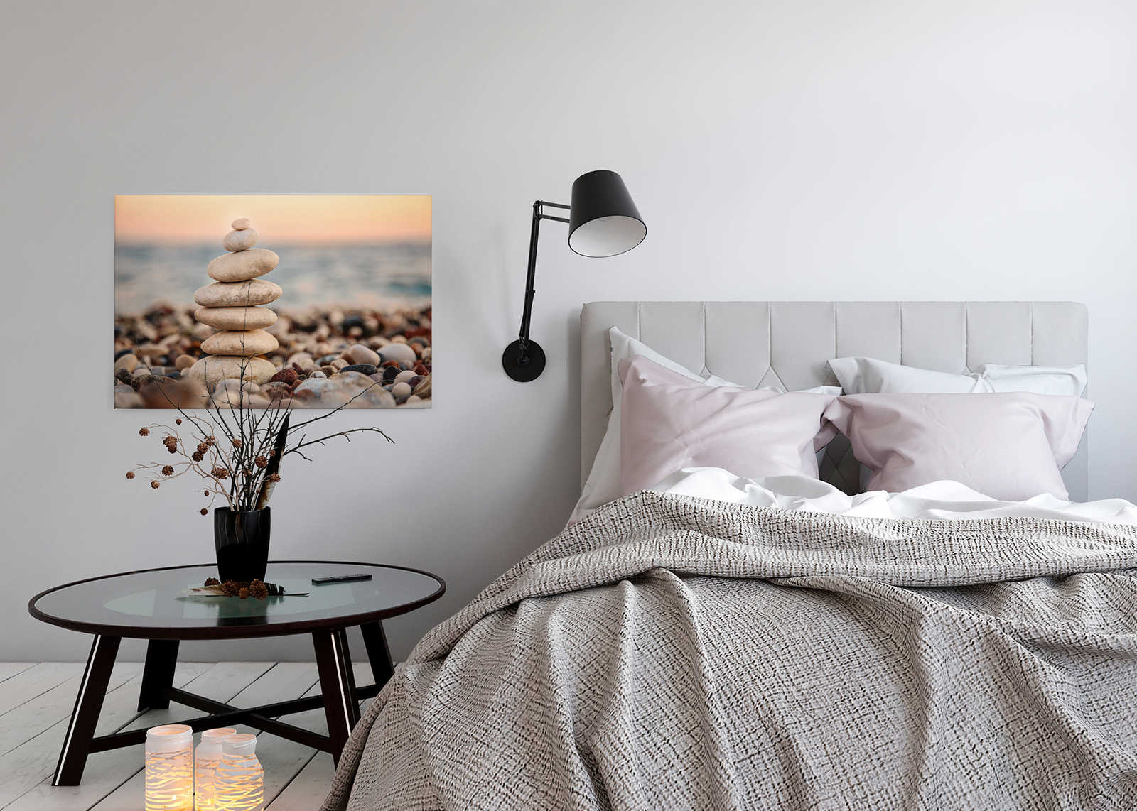             Leinwand mit Steinturm am Meer | grau, blau, orange – 0,90 m x 0,60 m
        